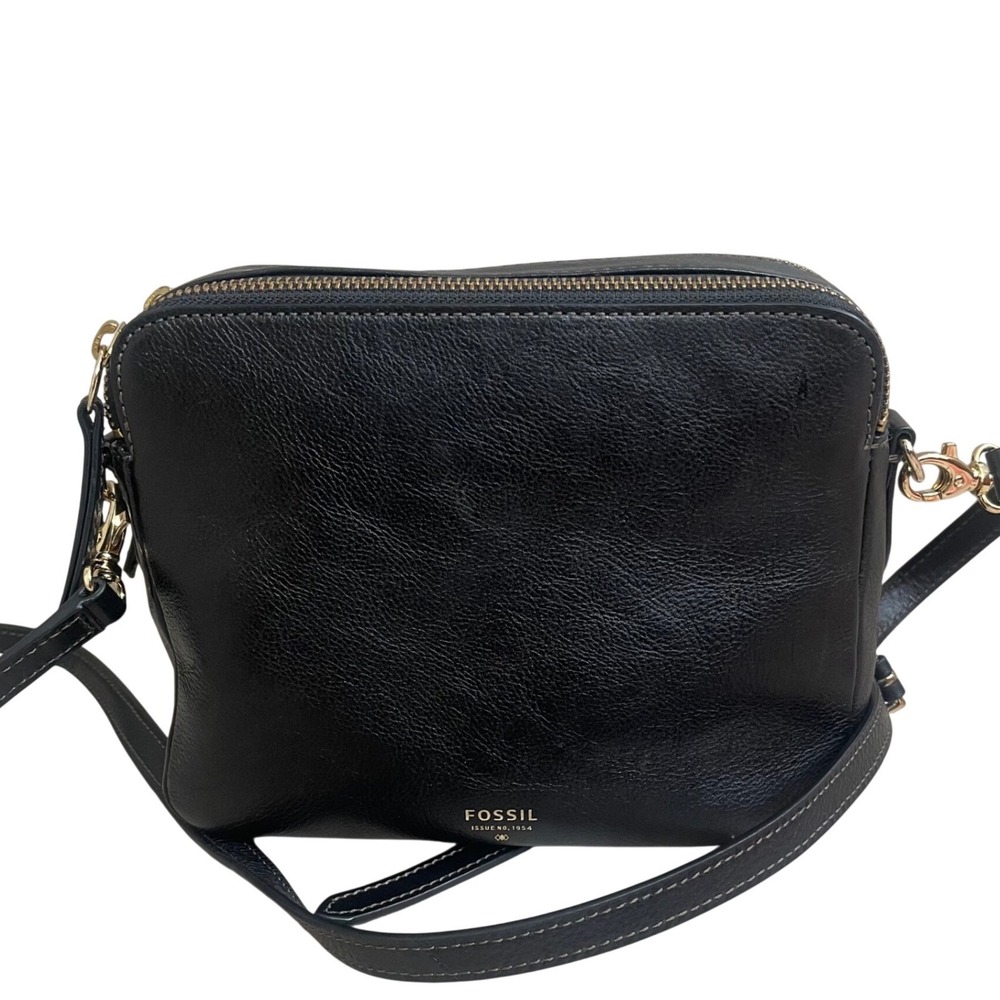 Fossil Black Pebbled Leather Crossbody Bag Gold Hardware travel satchel boho